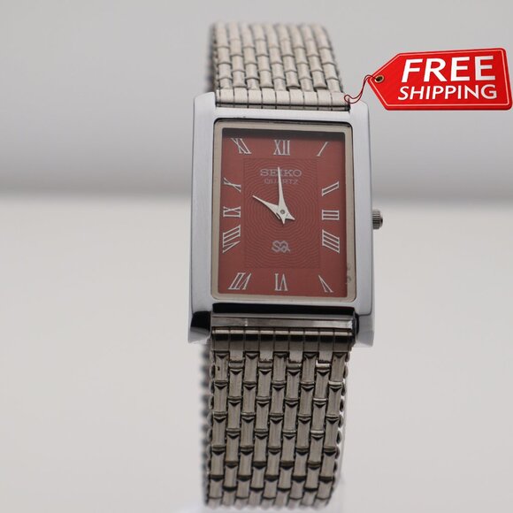Seiko Slim Vintage Quartz Men's Wrist Watch Red  Dial with New Chain Bracelet - Picture 1 of 6